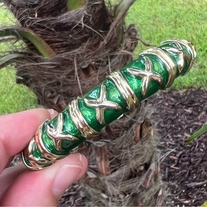 Vintage NLH NAT LANDAU HYMAN Goldtone Green Enamel Cuff Bangle Bracelet